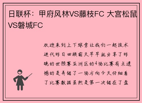 日联杯：甲府风林VS藤枝FC 大宫松鼠VS磐城FC
